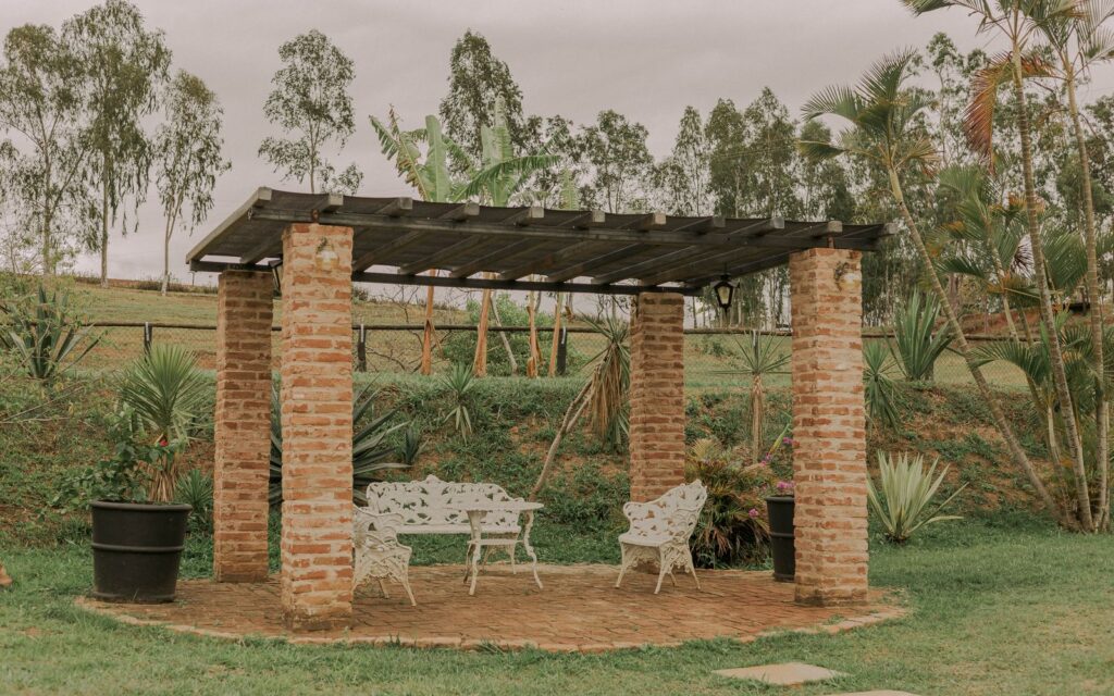 Rustic pergola with garden furniture among greenery