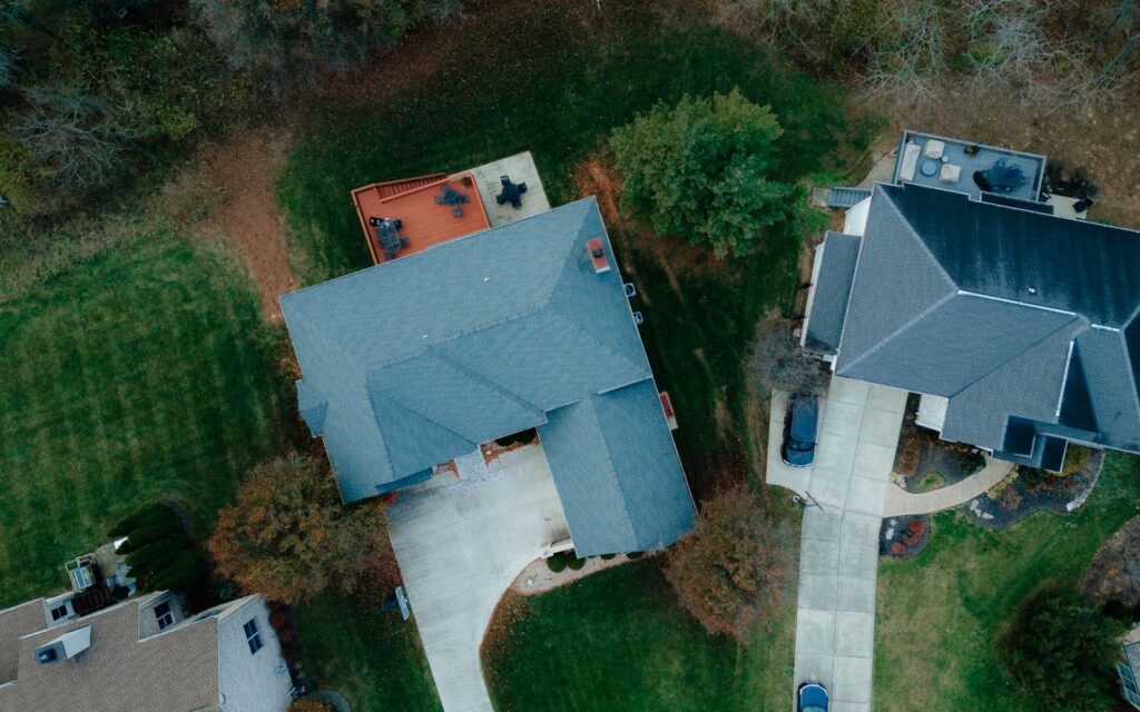 Aerial view of houses and gardens