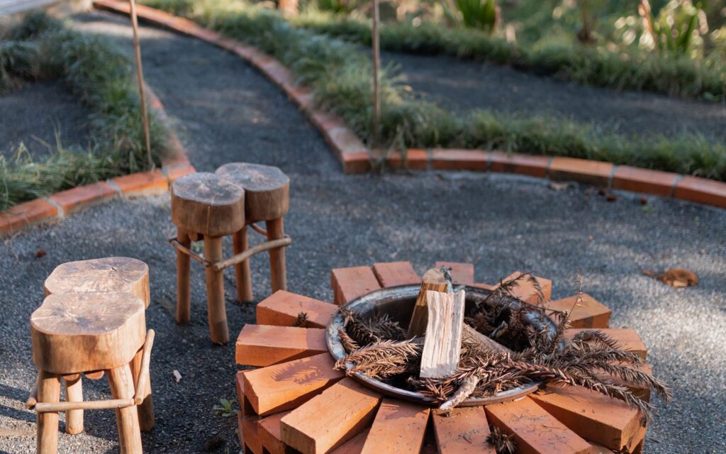 Rustic fire pit surrounded by wooden stools