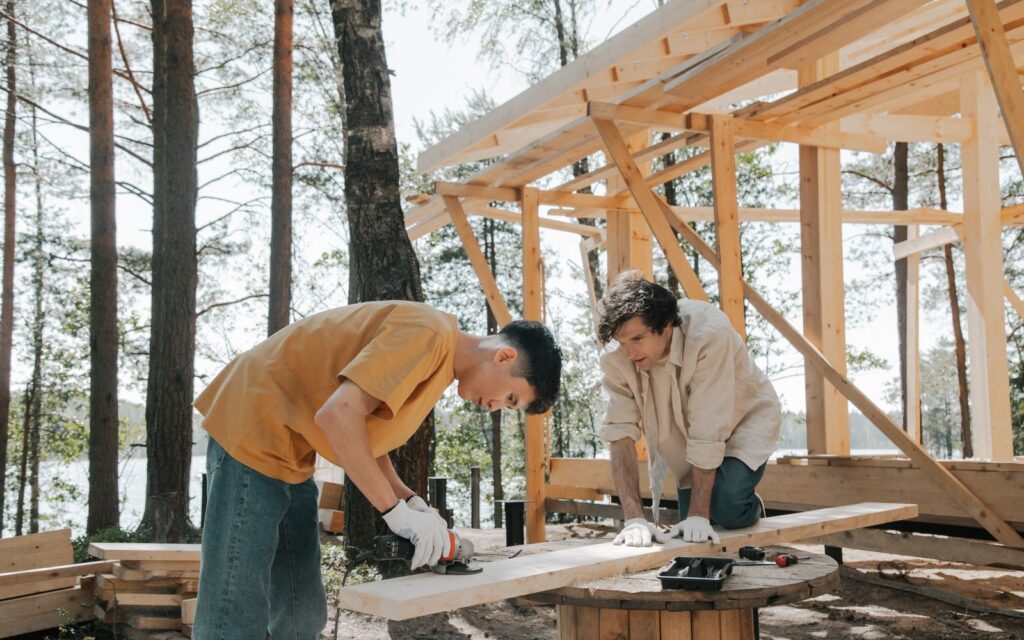Carpenters assembling a timber structure