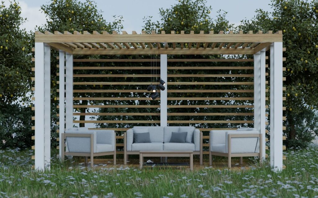 Outdoor pergola with comfortable seating in a garden