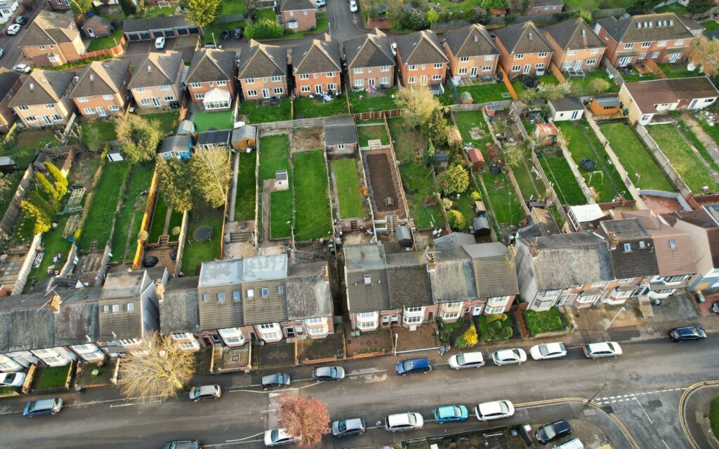 Aerial view of UK houses and back gardens
