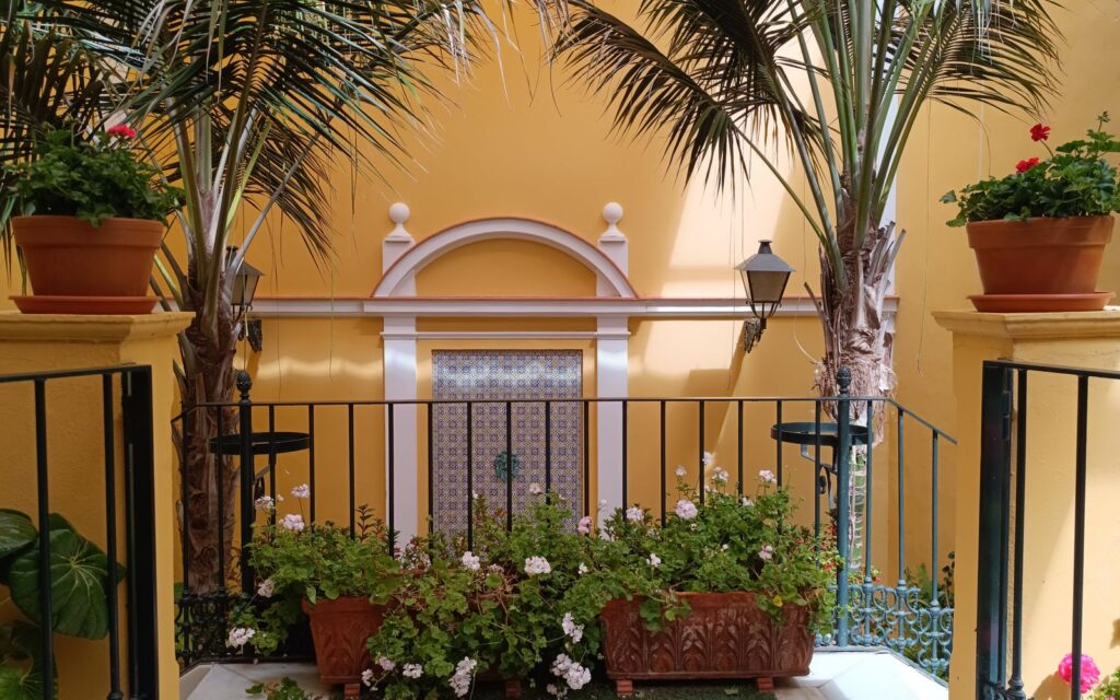 Bright Mediterranean style patio with lush plants