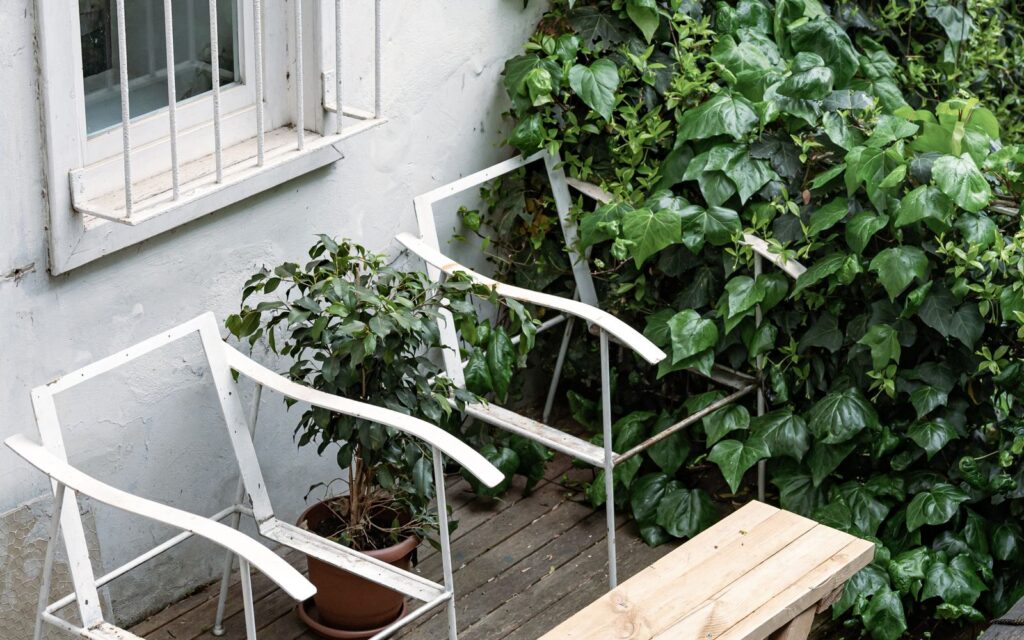 Patio table and chairs surrounded by greenery
