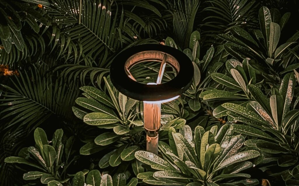 Low garden light glowing among foliage at night